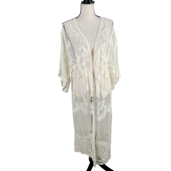 Dizzy Gal Size S Ivory Lace Floral Open Front Kimono / Swimsuit Cover. *Has Flaw - Picture 1 of 13